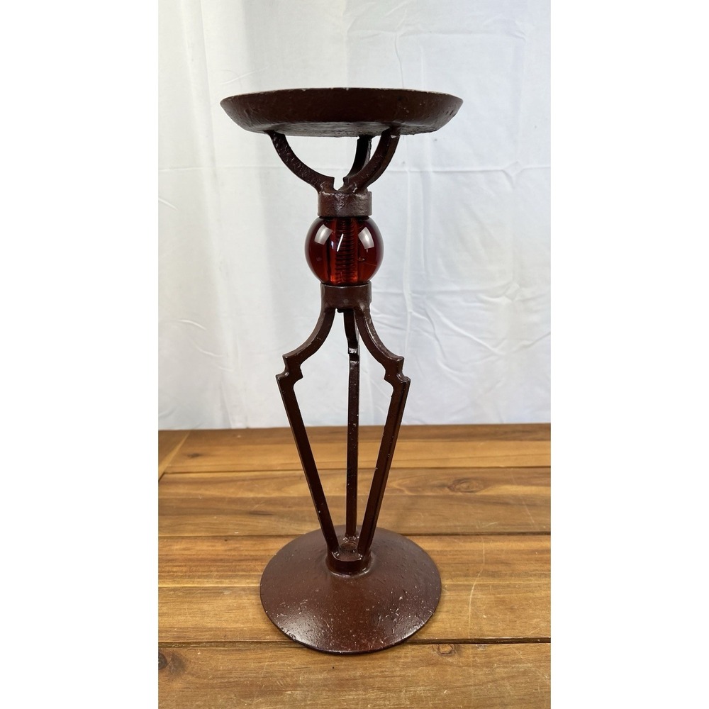 VTG Brutalist Gothic Candle Holder w Cast Metal Base Red Amber Glass Ball 13"
